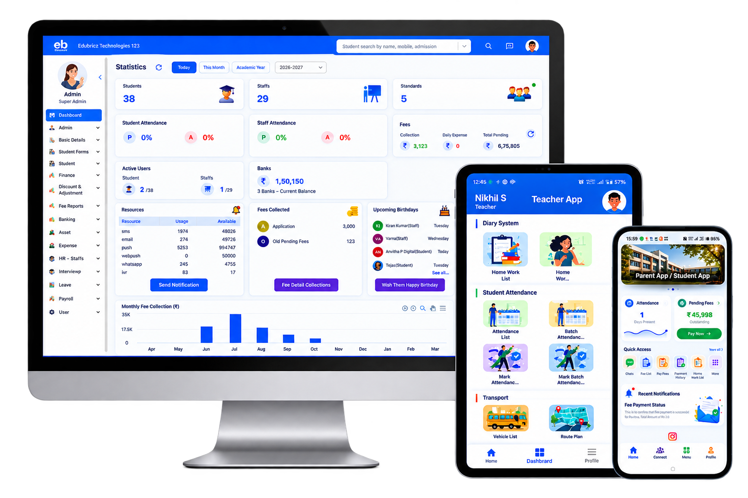 School ERP Dashboard - Fee Collection & Timetable Software